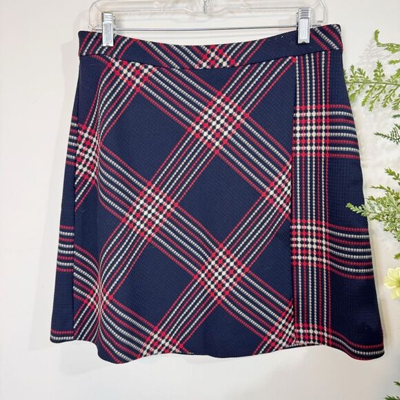 HALOGEN Classic Navy Plaid A-Line Skirt size 10 red white blue - Picture 2 of 11